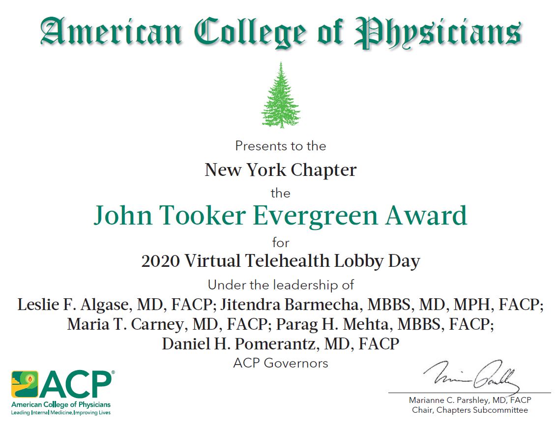 NYACP Evergreen Award Certificate
