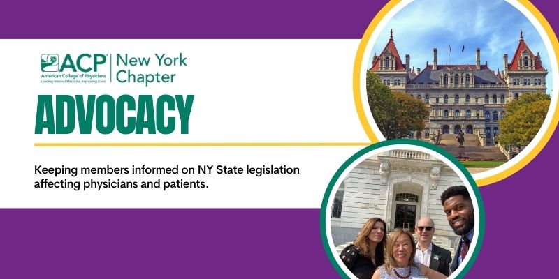 Advocacy page banner with images of the NYS Capitol and Members outside a government building