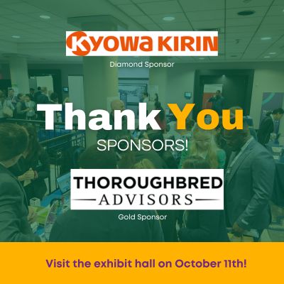 thank you sponsors, Kyowa Kirin logo diamond sponsor, Thoroughbred Advisors logo Gold Sponsor.  Visit the exhibitors on October 11th!  Image of attendees visiting exhibitors