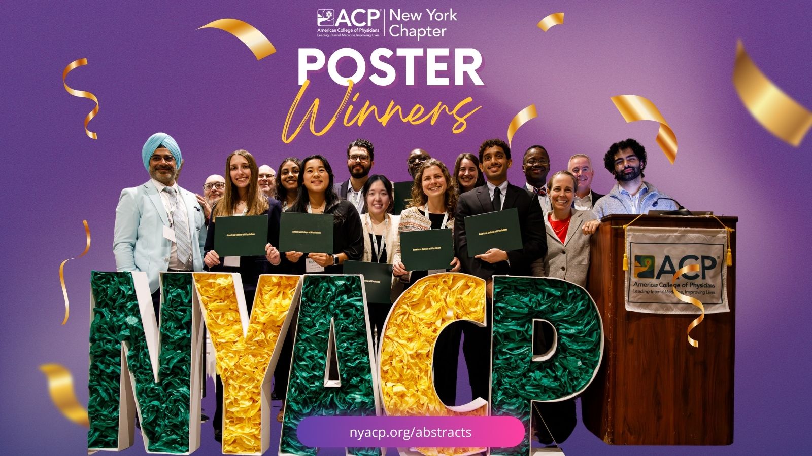 NYACP Logo Poster Winners, Group of poster winners and NYACP governors standing behind large NYACP letters.  SOme are holding their certificates